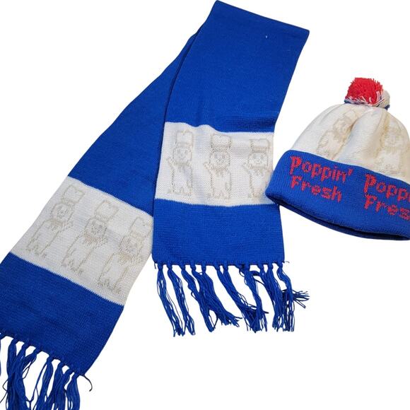 Vintage Pillsbury Doughboy Hat & 56" Long Scarf Set Poppin' Fresh Blue & White - Picture 1 of 11